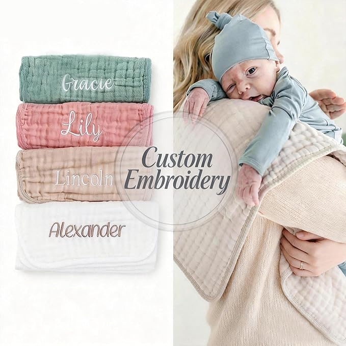Personalized Muslin Burp Cloth with Embroidered Name For Baby Boy & Girl 6-Layer 100% Cotton Burping Cloths for Babies, Soft & Plush Newborn Spit Up Rags, Infant Towels for Milk Spit Up (Multi Boy)