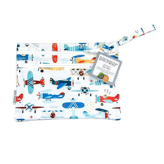 BapronBaby Retro Airplanes Wet Dry Bag - Waterproof Two Zipper Pockets - Reusable for Mealtime, Diapers, Stroller, Snacks, Swimsuits - Machine Washable - 11" x 9"