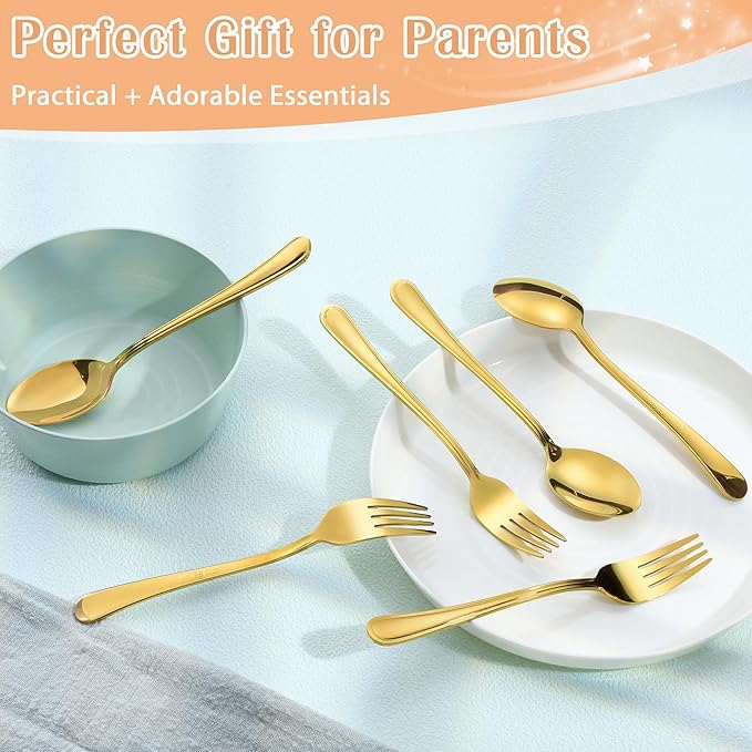E-far 12-Piece Toddler Silverware, Stainless Steel Kids Utensils Forks and Spoons, Children Safe Mirror Polished Metal Cutlery Set for Self Feeding, 6 Forks & 6 Spoons(Gold)