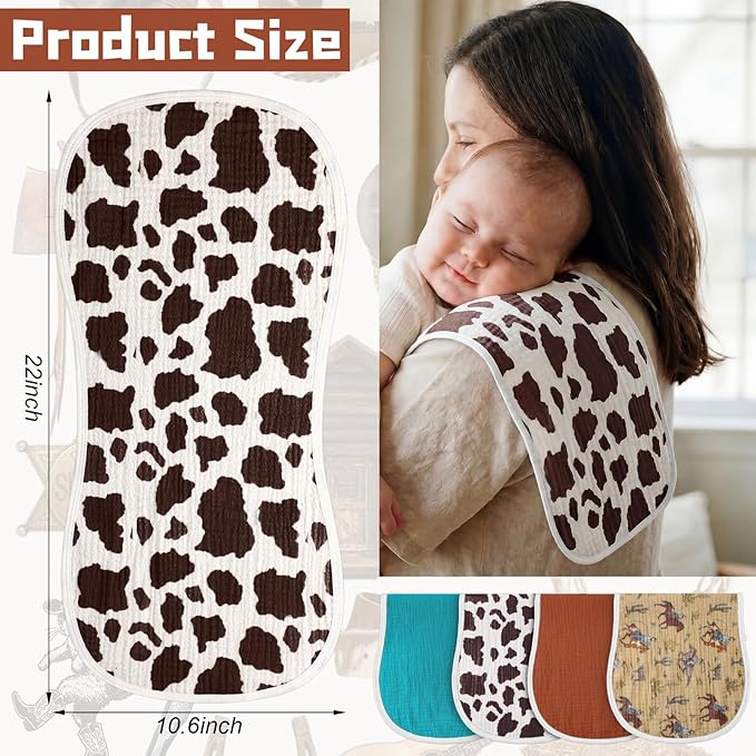 Hahafelt 4 Pcs Western Cowboy Baby Burp Cloths 100% Cotton Absorbent & Soft Burping Cloth Newborn Towel 2-in-1 Large Size Baby Spit up Burping Rags Set for Boys and Girls Infant Newborn