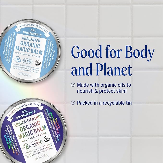 Dr. Bronner's - Organic Magic Balm (2 oz Variety Pack) Arnica-Menthol & Baby Unscented - Made with Organic Beeswax & Hemp Oil, Moisturizes and Soothes Hands, Face & Body | 2 Count