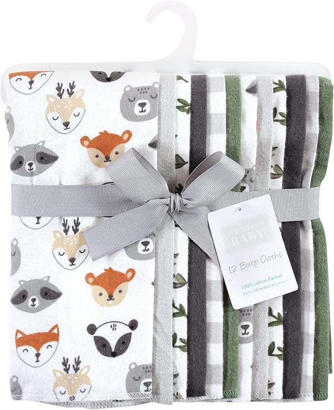 Hudson Baby Unisex Baby Cotton Flannel Burp Cloths Bundle, Woodland Faces, One Size