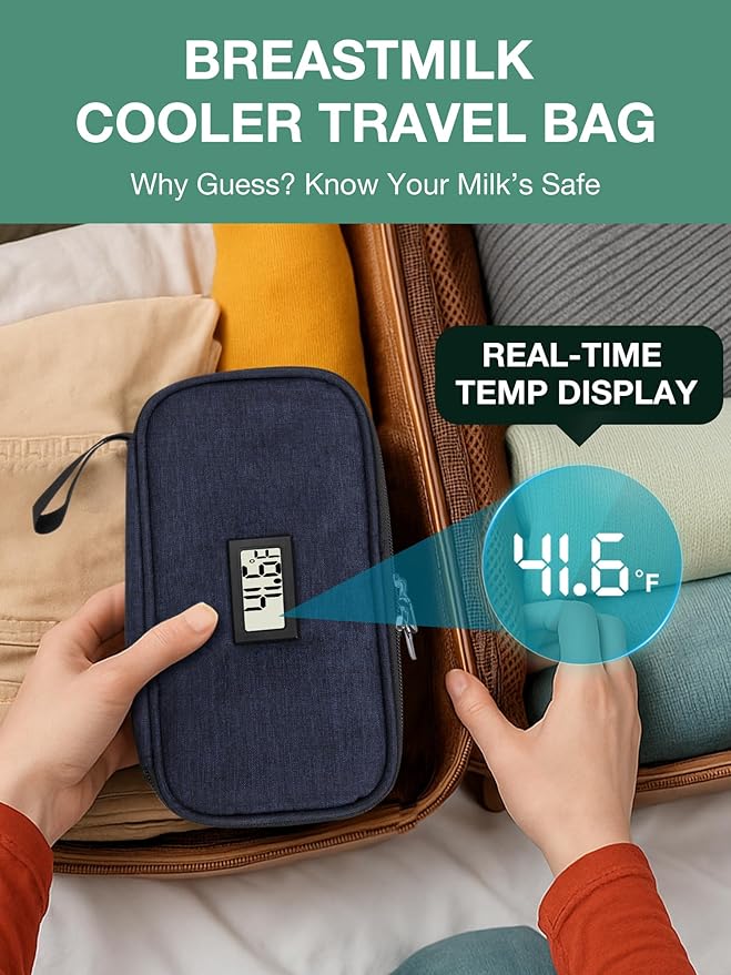 Breast Milk Cooler Travel Bag with Temperature Display, Holds 20oz Breastmilk Storage Bag with 2 Breast Milk Ice Pack, Cooling & Waterproof Portable Cooler for Moms on The Go (Blue)