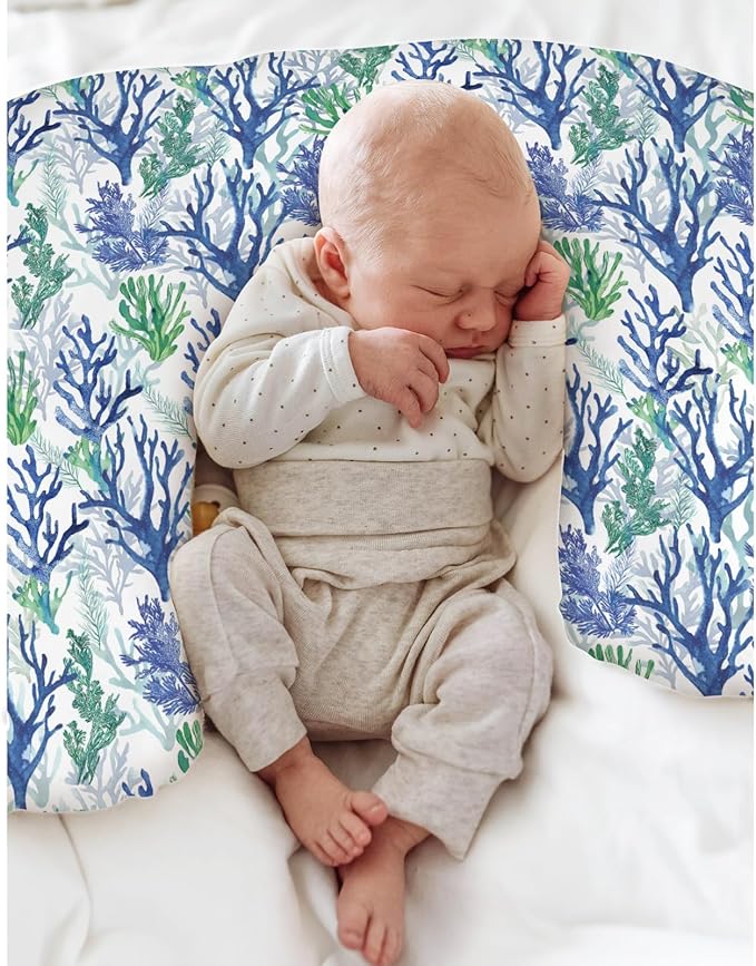 Blue Green Coral Reef Baby Nursing Pillow Covers for Boy Girl Watercolor Coastal Nursery Feeding Pillowcase for Breastfeeding Pillows Nautical Sea Plant Soft Stretchy Covers for Newborn Infant