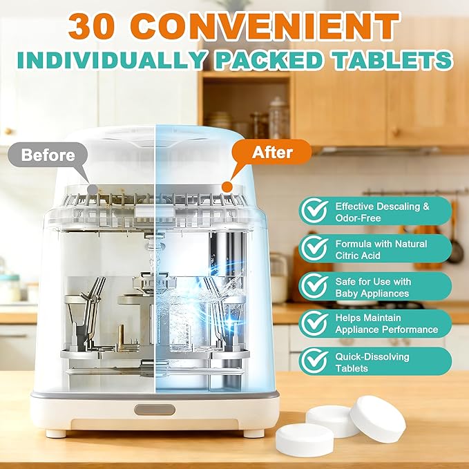 Descaling Tablets for Baby Bottle Warmer & Cleaner,30 Count-Removes Milk Residue & Limescale Buildup from Bottle Washers,Warmers & Other Appliances,Compatible with Major Brands