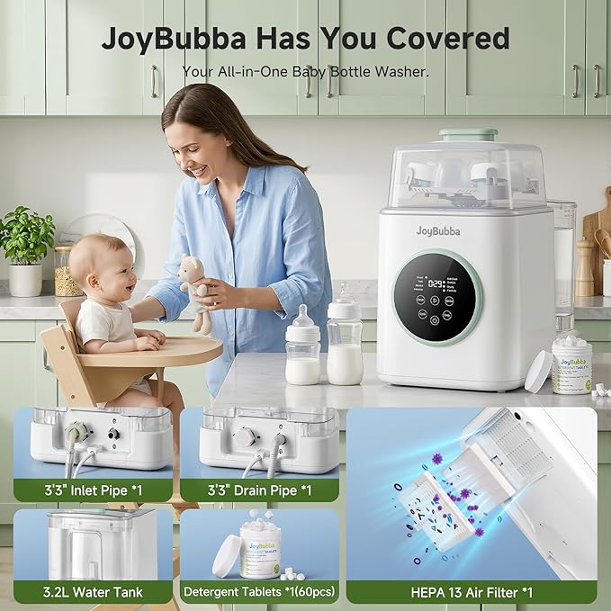 JoyBubba【Upgraded】Baby Bottle Washer, Sterilizer and Dryer, All-in-One Pro Cleaning Machine for Bottles, Pump Parts & Baby Essentials, Effortless Care, Replaces Hand Washing, 60 Cleaning Tablets.