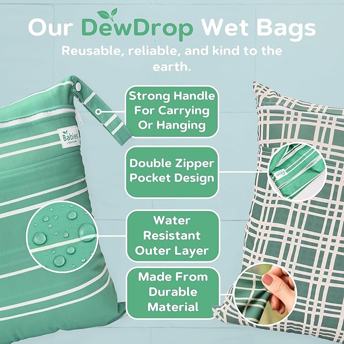 2-Pack Wet Bags – Waterproof Travel Bags for Cloth Diapers, Baby Essentials & Swimwear – Reusable Wet Dry Bag with Double Zipper & Handle for Diaper Bag & Beach Trips (Forest Mist)
