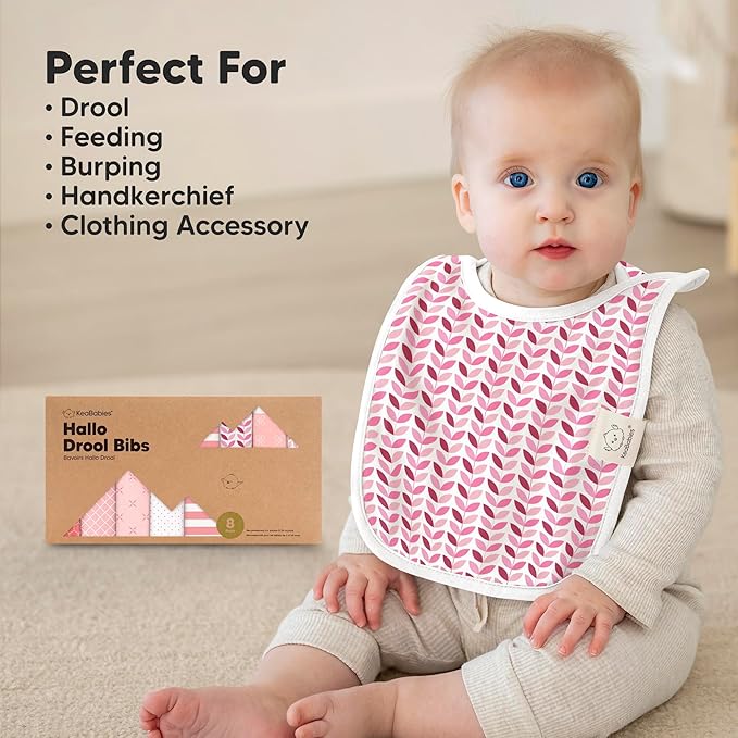 KeaBabies 8-Pack Bibs for Baby Girl, Boy - Pullover Large Baby Bibs for Drooling and Teething Infant, Newborn, Soft & Absorbent Organic Cotton, Long Torso Coverage Keep Toddler Clean & Dry (Blush)