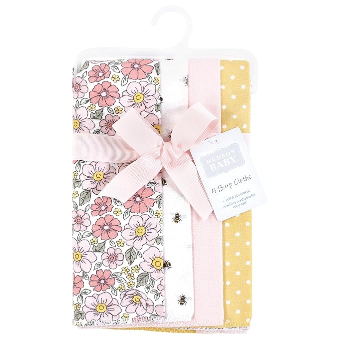 Hudson Baby Unisex Baby Cotton Flannel Burp Cloths, Pink Yellow Pretty Floral, One Size