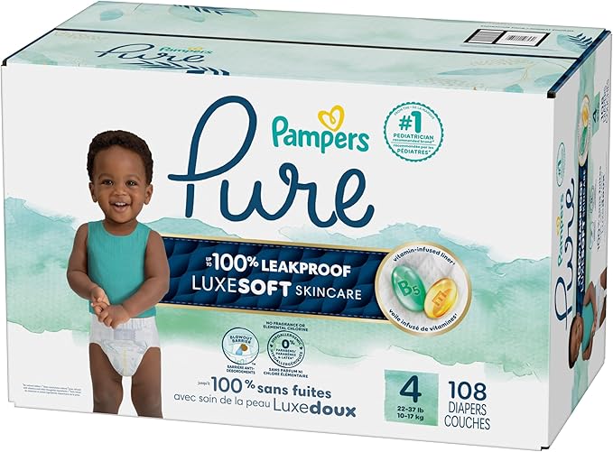Pampers Pure Baby Diapers, Size 4 (22-37 lbs), 108, Up to 100% Leakproof, Premium Hypoallergenic Soft Diapers