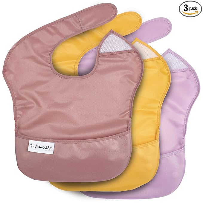 Tiny Twinkle Mess-Proof Baby Bibs for Eating | Waterproof, Wipeable Toddler Bibs with Catch-All Pocket | Feeding Bibs for Girls & Boys(3 Pack,Sage,Taupe, Dandelion)