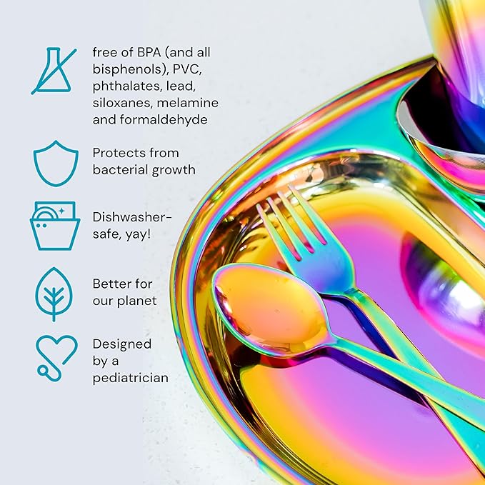 Ahimsa Kids Stainless Steel Utensils, 8 Piece Kid Forks and Spoons Set, Pediatrician Designed Rainbow Silverware, 100% BPA Free & Dishwasher Safe (Rainbow)