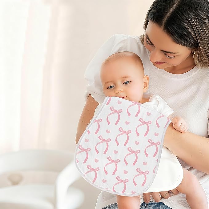 4 Pack Pink Bow Baby Burp Cloths Soft Absorbent Spit up Rags Cherry Burp Cloths Pink Burping rag for Boy Girl Newborn Gifts Nursery Decor, 19 x 9 Inches