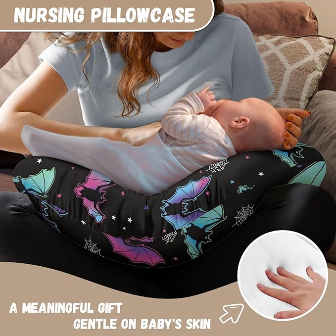 Nursing Cover for Breastfeeding, Multifunctional Breast Feeding Pillows for Mom, Removable Nursing Pillows for Breastfeeding, Happy Halloween Pillow Cover, Bat Black