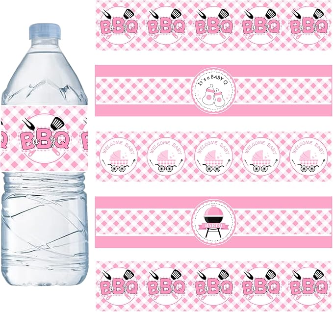 24PCS BBQ Baby Shower Water Bottle Labels, Barbecue Baby Shower Waterproof Self Adhesive Water Bottle Labels for Cookout BBQ Babyq Shower Decorations Girl Pink