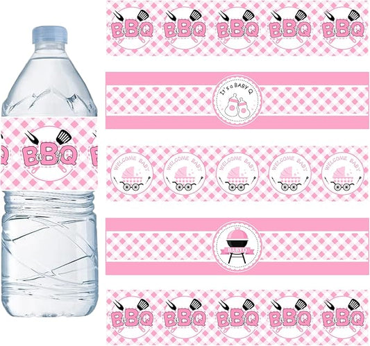 24PCS BBQ Baby Shower Water Bottle Labels, Barbecue Baby Shower Waterproof Self Adhesive Water Bottle Labels for Cookout BBQ Babyq Shower Decorations Girl Pink