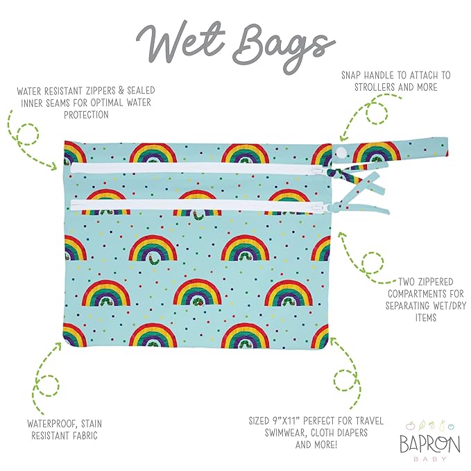 BapronBaby Eric Carle Rainbow Caterpillar Wet Dry Bag - Waterproof Two Zipper Pockets - Reusable for Mealtime, Diapers, Stroller, Snacks, Swimsuits - Machine Washable - 11" x 9"