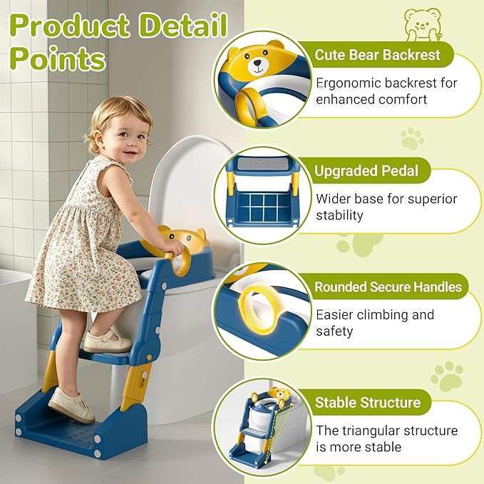COOSEYA 2-in-1 Potty Training Seat & Potty Chair, Toddler Toilet Seat with Step Stool Ladder, Height Adjustable Foldable Potty Training Toilet for Kids Boys Girls with Splash Guard & Anti-Slip Steps