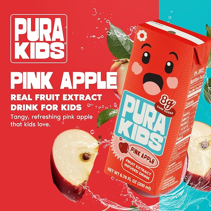 PURA Kids Box | Pink Apple Fruit extract infused Drink for kids | 8g Pure Cane Sugar | Non-GMO | Vegan, No Artificial Sweeteners | Best Lunchbox Beverage with Paper Straw | 6.76 fl oz (200ml), Pack of 24