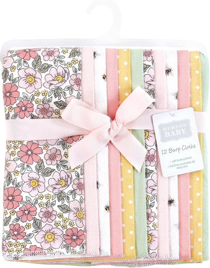 Hudson Baby Unisex Baby Flannel Burp Cloth 12pk, Pink Yellow Pretty Floral, One Size