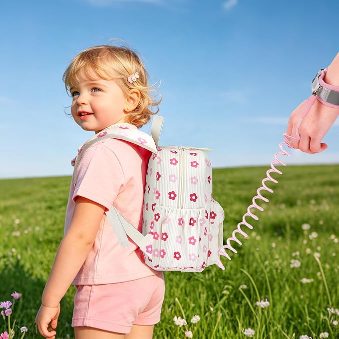 Corduroy Toddler Backpack with Detachable Leash and Anti-Lost Wrist Link, Safety Harness Walking Backpack for Toddler Boys Girls 1-3, Cute Floral Travel Backpack with Leash for Kids