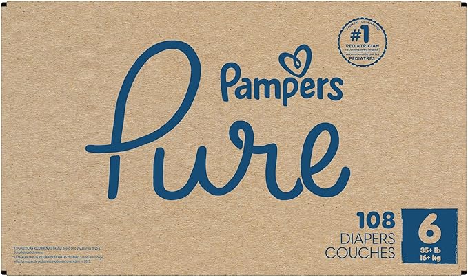 Pampers Pure Baby Diapers, Size 6 (35+ lbs), 108, Up to 100% Leakproof, Premium Hypoallergenic Soft Diapers