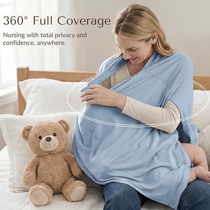 Konssy Nursing Cover for Breastfeeding, 360° Full Privacy Breathable Breastfeeding Cover, Multi-use Carseat Canopy(Blue)