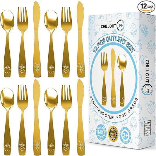 12 Piece Stainless Steel Kids Silverware Set - Child and Toddler Safe Flatware - Kids Utensil Set - Metal Kids Cutlery Set Includes 4 Small Kids Spoons, 4 Forks & 4 Knives - Gold