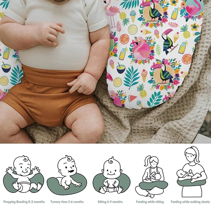 Pink Flamingo Toucan Tropical Fruits Baby Nursing Pillow Covers for Boy Girl Colorful Summer Birds Leaves Nursing Slipcovers for Breastfeeding Pillows Hawaiian Soft Stretchy Cover for Newborn Infant