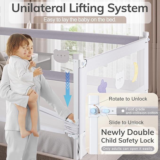 omzer Bed Rail for Toddlers - Toddler Bed Rails with Double Child Lock - Bed Rail for Baby Kids with Pattern - Height Adjustment Guard Rails for Full Size Bed - 1 Pack, 54”