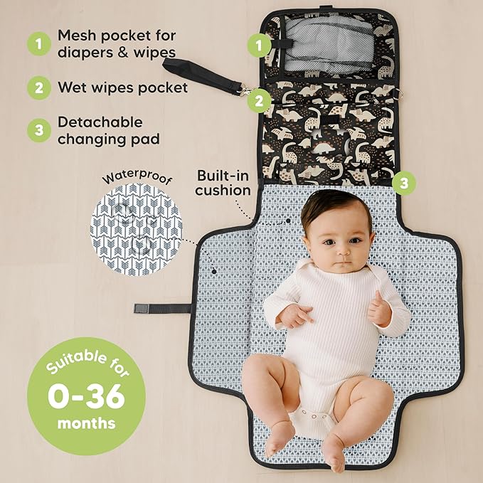 KeaBabies Portable Diaper Changing Pad, Travel, Car - Large Waterproof Baby Changing Mat, Wipeable, Padded, On The Go Travel Diaper Clutch Bag, Easy to Use Pockets for Newborn Essentials (Dino Ridge)