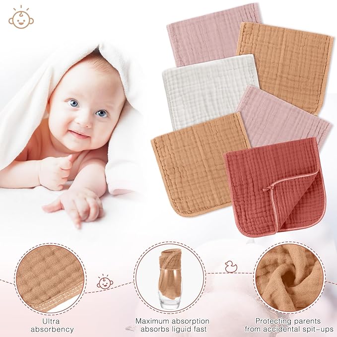 Buryeah Muslin 20 Pcs Burp Cloths Large 20" x 10" 100% Cotton 6 Layers Ultra Absorbent and Soft Hand Washcloths for Baby Drool and Messes Gentle Burp Cloth for Boys & Girls(Vivid Color)