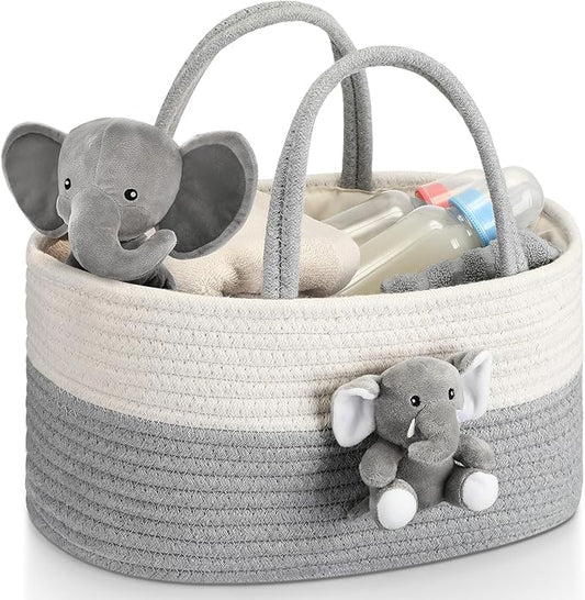 FoldTier Elephant Diaper Caddy Organizer Elephant Cart Storage for Nursery with Handle Baby Shower Basket Gift Baby Bath Caddy for Diapers Wipes Basket for Nursery(Large)