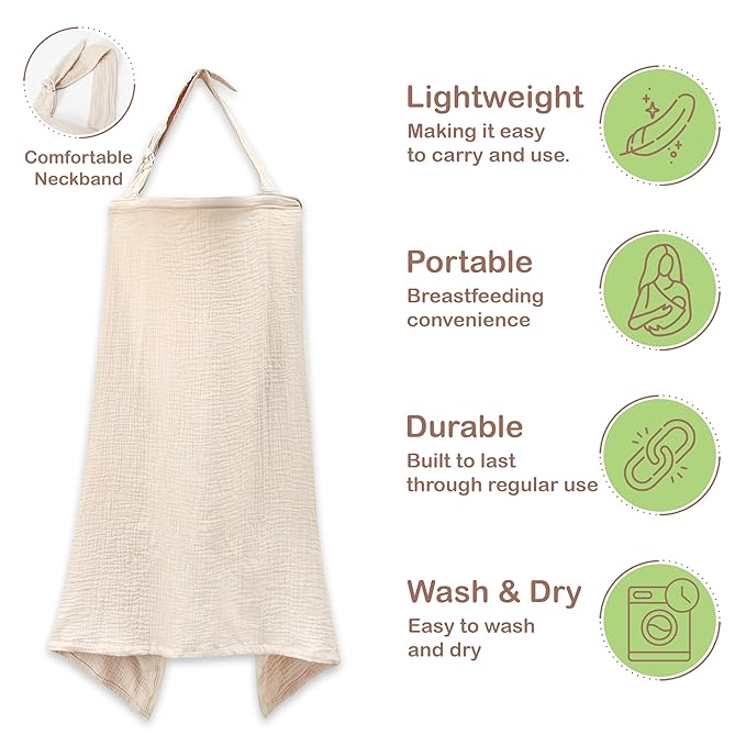 100% Organic Cotton Nursing Cover & Shawl - 43 x 28 Inch Breathable Muslin Breastfeeding Nursing Apron Cover with Arch Neckline for Mothers, Multi-use Carseat Canopy (Ivory)