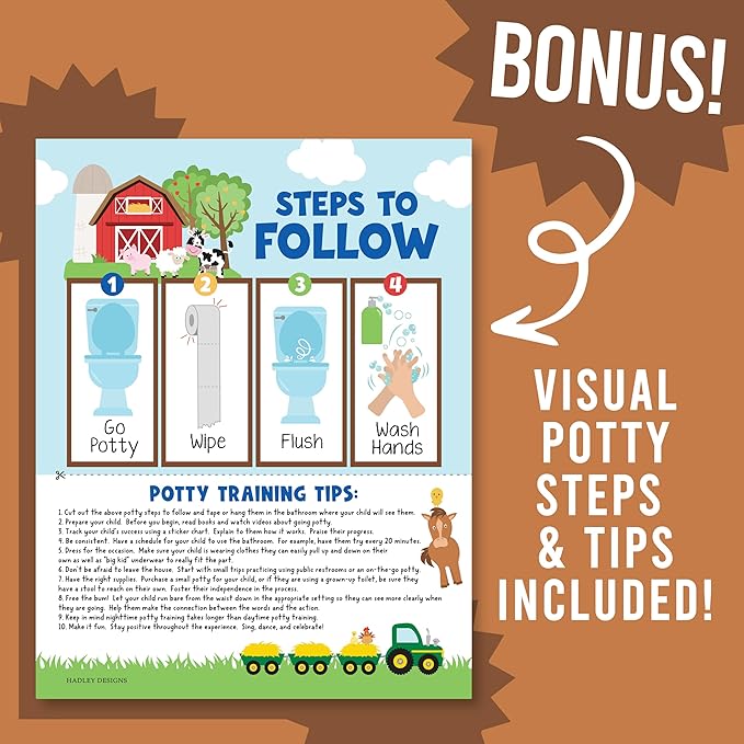 Hadley Designs Potty Training Chart for Toddlers Boys -10 Sticker Potty Chart for Toddlers Girls, 8.5x11 Potty Training Sticker Charts for Toilet Success, Farm Animals Toddler Reward Chart for Kids