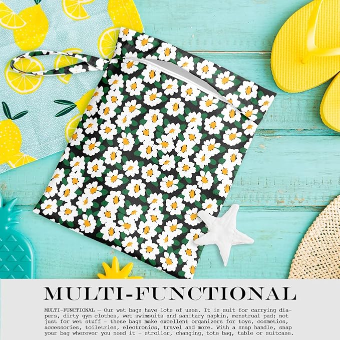 Wet Bag, Wet Dry Bag, Wet Bag for Swimsuit, Travel, Beach, Pool, Diapers, Dirty Yoga Gym Clothes, Toiletries, Makeup Bag, Waterproof Reusable Cute Daisy Floral Flower