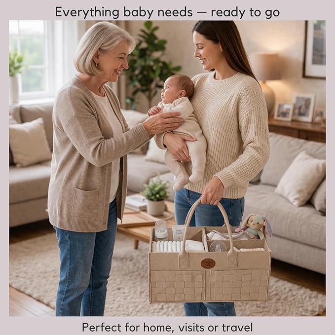 Baby Diaper Caddy Organizer for Nursery – Large Felt Storage Basket for Baby Essentials, Wipes & Diapers – Portable Nursery Organizer Bin for Changing Table or Living Room Beige