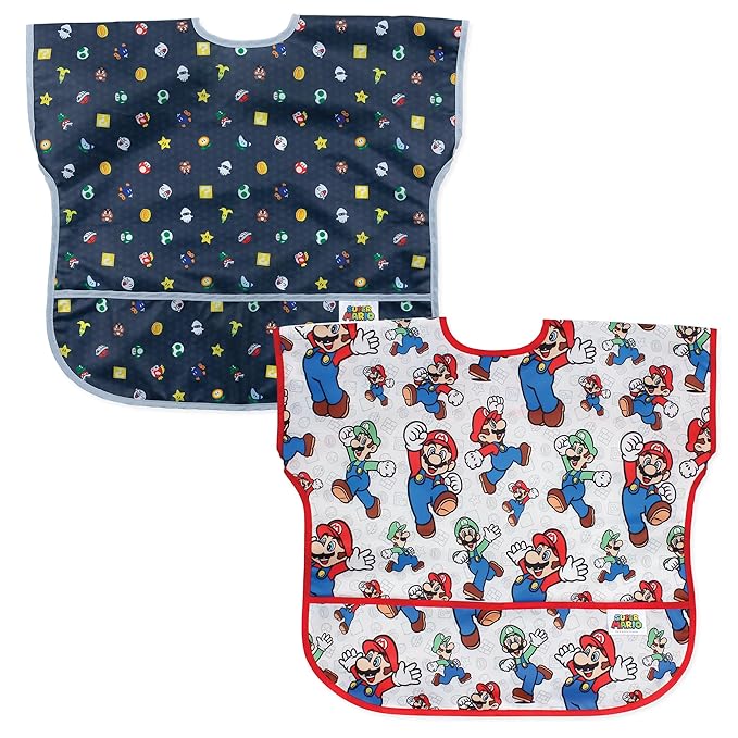 Bumkins Nintendo Super Mario Short Sleeve Bib for Girl or Boy, Toddler and Kids for 1-3 Years, Large Size, Essential Must Have for Junior Children, Eating, Play, Mess Saving Soft Fabric Apron, 2-pack