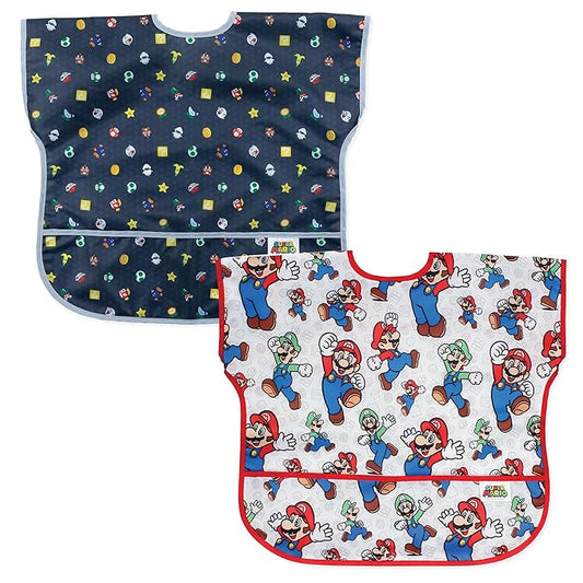 Bumkins Nintendo Super Mario Short Sleeve Bib for Girl or Boy, Toddler and Kids for 1-3 Years, Large Size, Essential Must Have for Junior Children, Eating, Play, Mess Saving Soft Fabric Apron, 2-pack