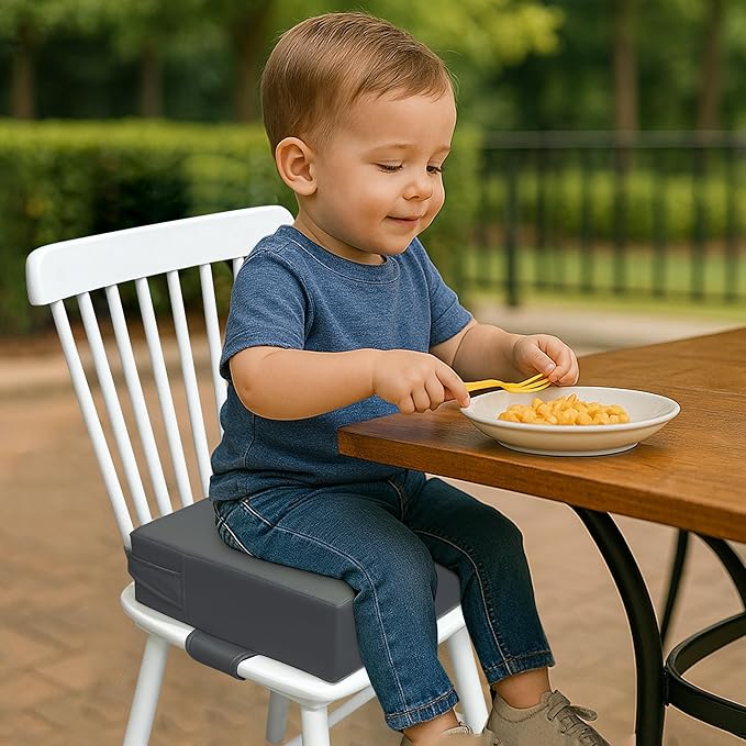 Toddler Booster Seat for Dining Table – PU Washable Cushion with Double Safe Straps, Non-Slip Bottom, Portable Travel Booster Seat for Toddlers (Rock Grey