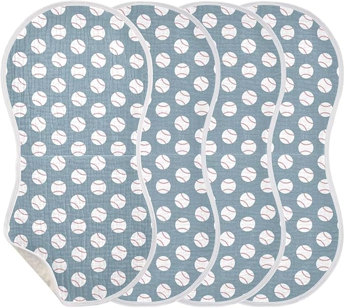 Baby Muslin Burp Cloths Set of 4 Baseball Blue Muslin Washcloths American Sport Championship Patch Sports Milk Spit Up Rags Soft Newborn Towel for Unisex Boys and Girls, 22 x 11 Inch