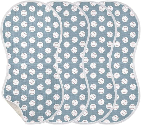 Baby Muslin Burp Cloths Set of 4 Baseball Blue Muslin Washcloths American Sport Championship Patch Sports Milk Spit Up Rags Soft Newborn Towel for Unisex Boys and Girls, 22 x 11 Inch
