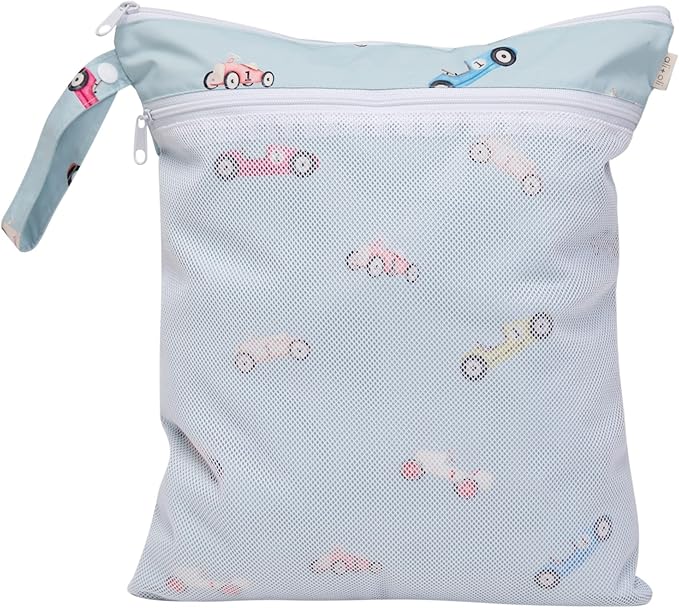 Ali+Oli Water Resistant Dual-Compartment Wet-Dry Bag for Travel, Hook to Stroller, Daycare, Diapers, Diaper Bag, Clutch Bag,15x12 inches (Retro Cars)
