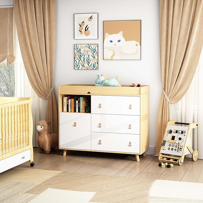Changing Table Dresser, Baby Nursery Dresser with 3 Drawers and Shelf, Top Guardrail and Large Storage Cabinet, Hidden Trash Storage, Baby Changing Dressers for Nursery Room, White + Natural