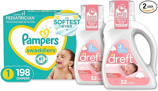 Baby Diapers Newborn/Size 1 (8-14 lb), 198 Count and Baby Laundry Detergent Pack of 2 - Pampers Swaddlers, One Month Supply & Dreft Stage 1 Newborn Hypoallergenic 50 Fl Oz (Packaging May Vary)