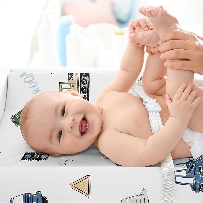 Sweet Jojo Designs Baby Changing Pad Cover Sheet (Construction Truck) for Boys, Infant/Newborn Diaper Change Table Mat Covers (Green and Blue, Transportation Zone, Vehicles, Bulldozer, Tractor, Crane)