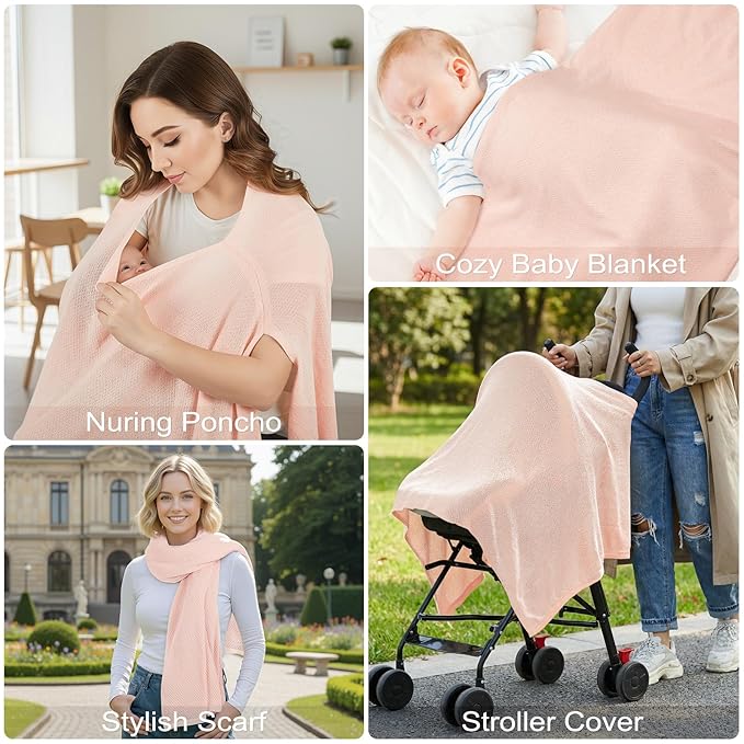 Knit Nursing Cover Up for Breastfeeding, Soft & Cozy Breastfeeding Poncho with Dual Side Slits, 360° Full Privacy Nursing Shawl with Laundry Bag, Pink