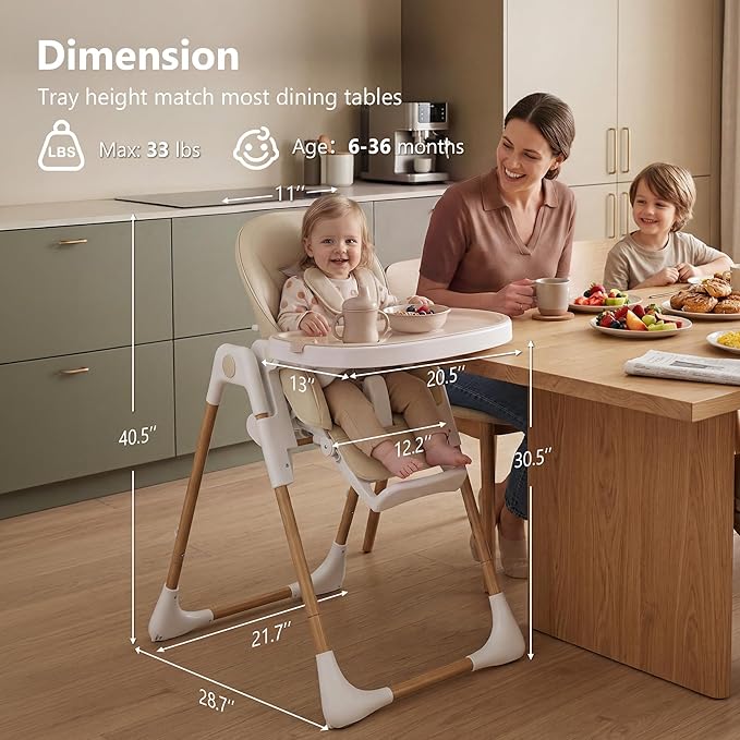 Kinder King Convertible High Chair for Babies & Toddlers, Adjustable Baby Feeding High Chair with Removable Double Tray, Simple Compact Fold for Space-Saving, 2 Built-in Wheels, Easy to Clean