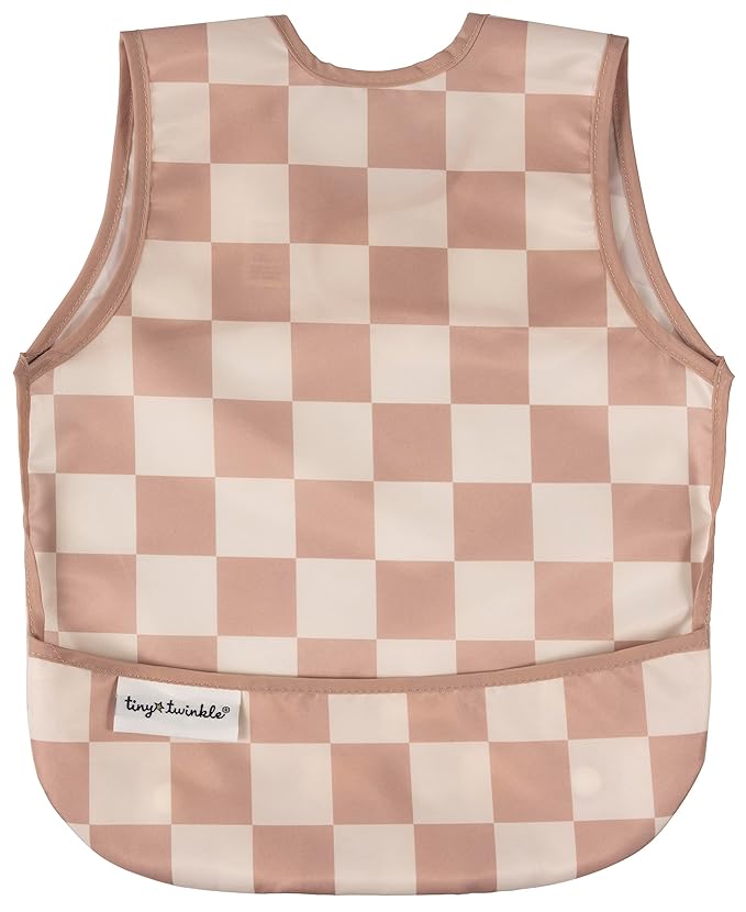 Tiny Twinkle Mess Proof Baby Bib for Boys | Waterproof Toddler Bib for Eating | Baby Apron for Feeding, Machine Washable | Perfect Shower Gift (Brown Checkers, 6–24M)