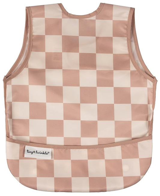 Tiny Twinkle Mess Proof Baby Bib for Boys | Waterproof Toddler Bib for Eating | Baby Apron for Feeding, Machine Washable | Perfect Shower Gift (Brown Checkers, 6–24M)
